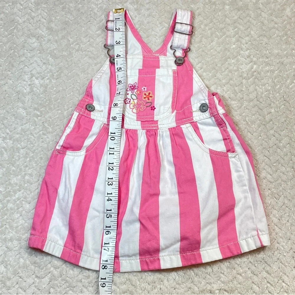 Oshkosh BGosh Y2K Pink White Stripe Dress Overalls Floral Embroidery Size 24 mos